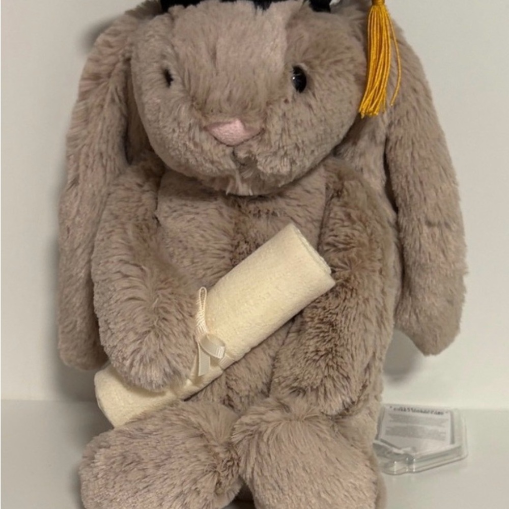 Jellycat Taupe Bunny with Yellow Tassel and Cream Scroll